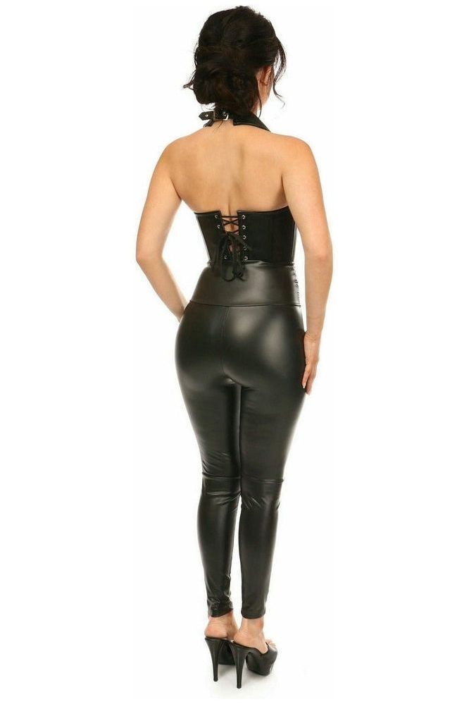 Person wearing a black leather outfit with a corset-style top on a white background
