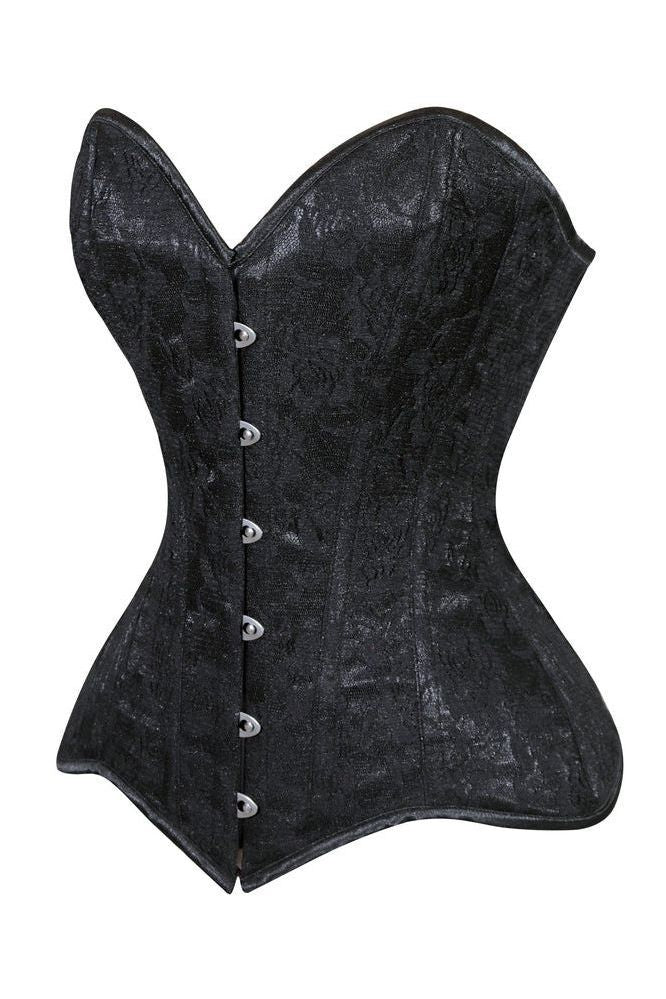 Black corset with decorative patterns on a white background