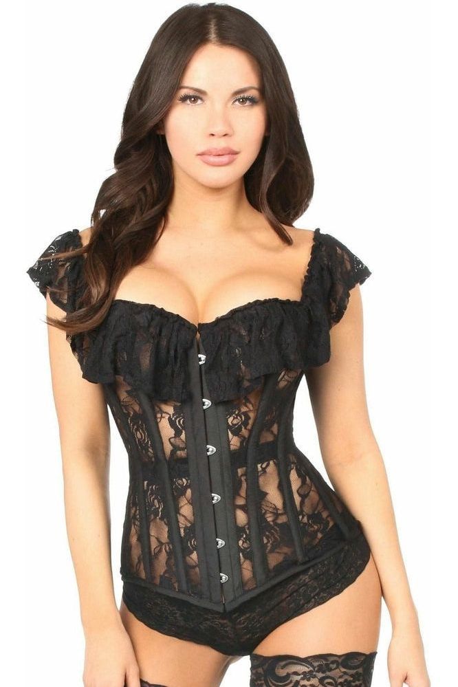Black lace corset worn by a model on a white background