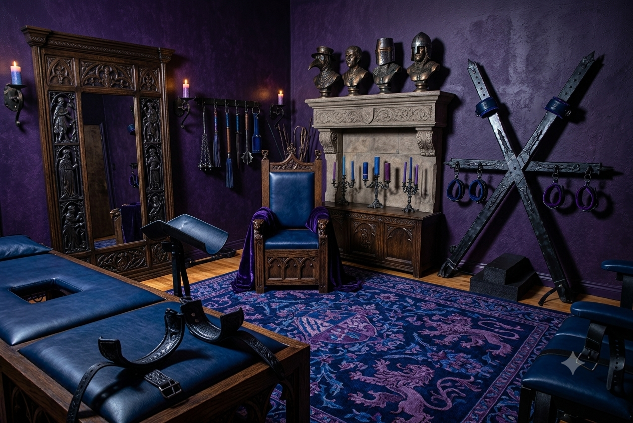 Mystical room with purple walls, wooden furniture, and decorative elements.