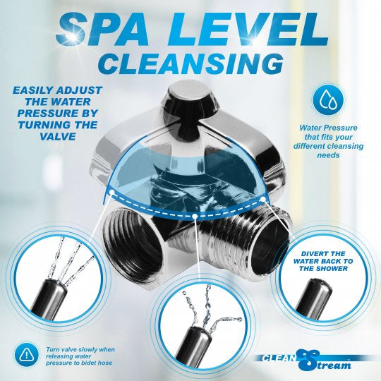 Chrome shower valve with water pressure adjustment features on a light gray background