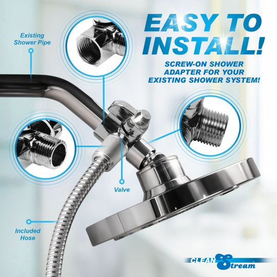 Chrome shower head with hose and adapter, labeled parts on a light blue background.