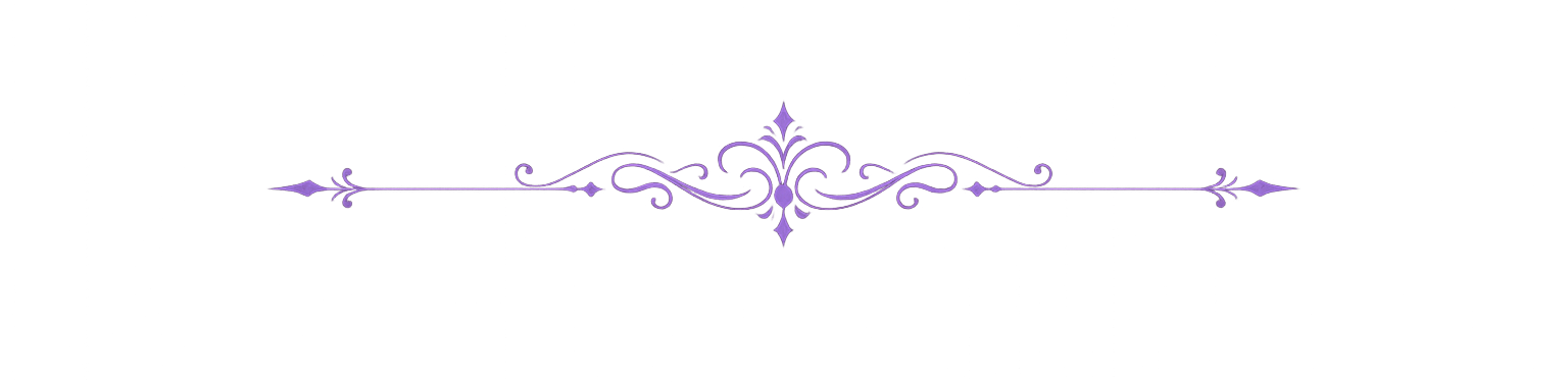 A decorative horizontal line divider with ornate flourishes and small arrow-like ends, shown in purple on a plain white background.