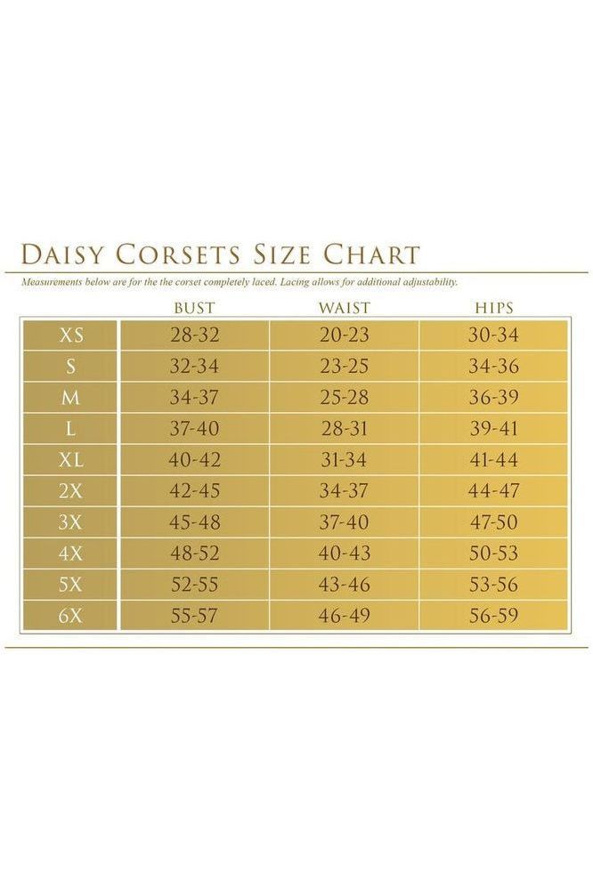 Daisy Corsets size chart for bust, waist, and hips on a white background