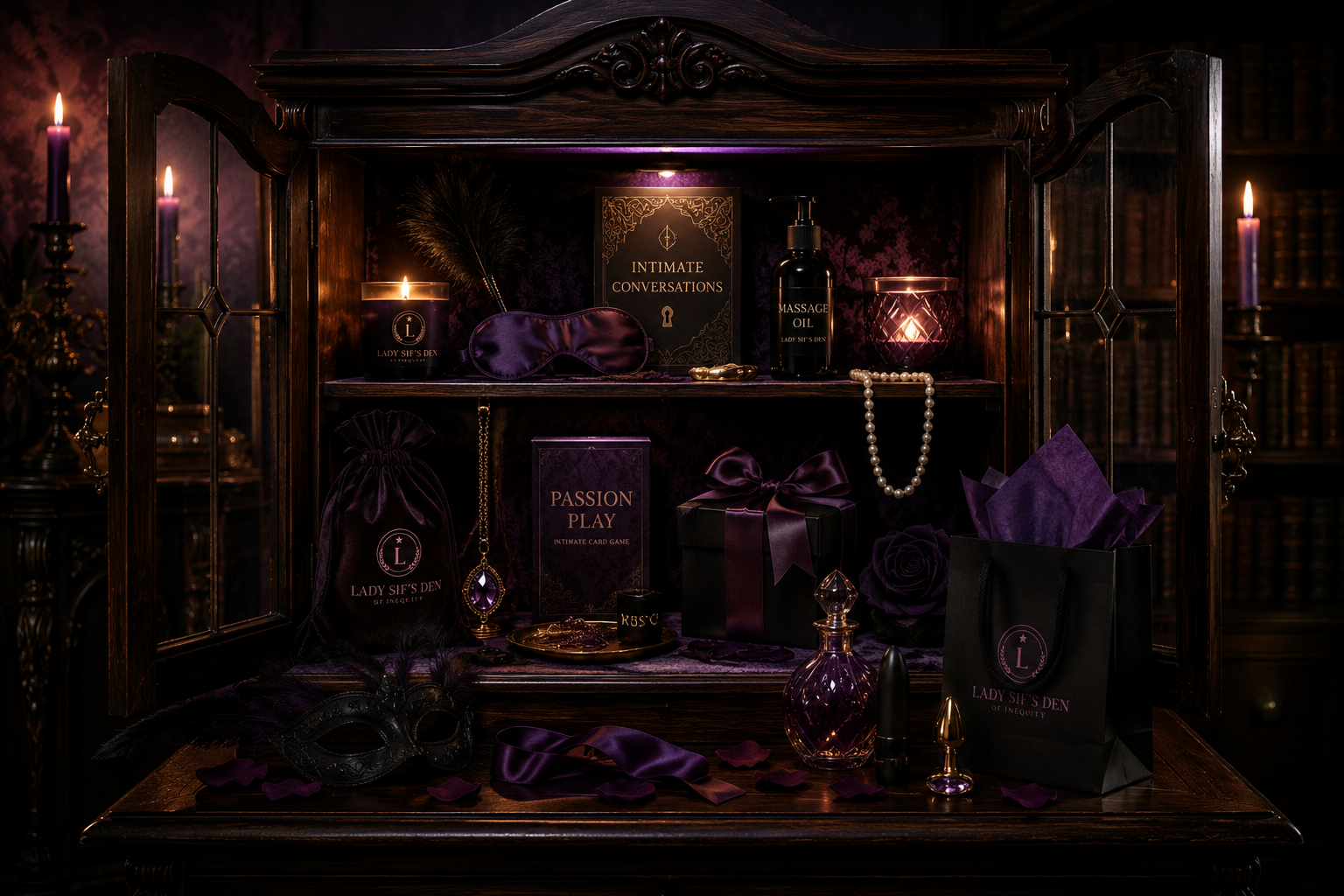 A moody, gothic-themed product display featuring a collection of 'L.A.