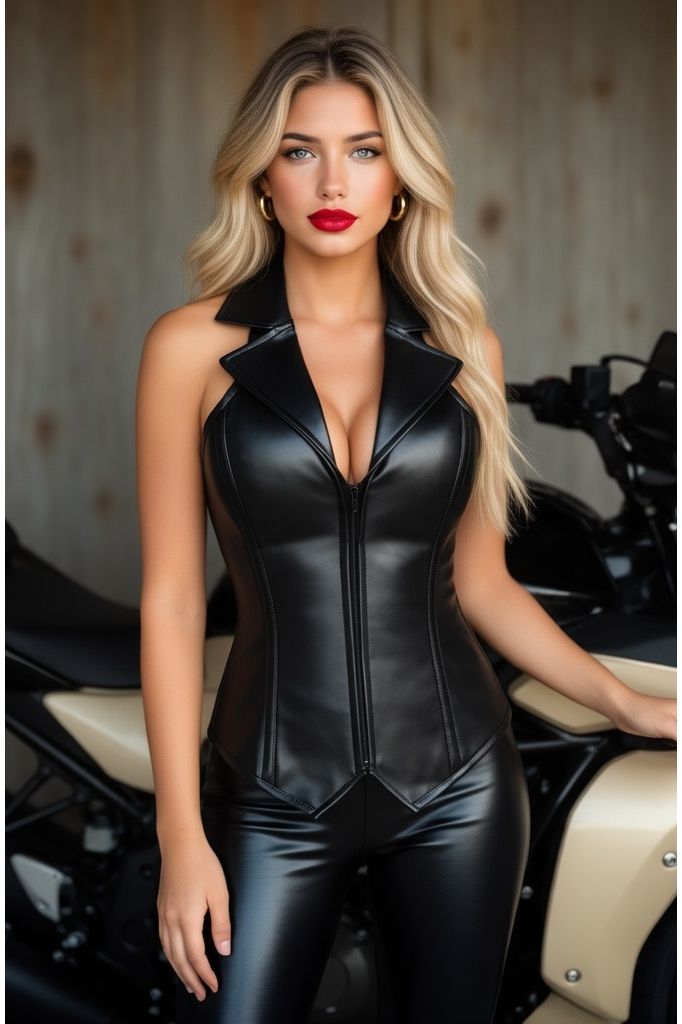 Faux Leather Collared Steel Boned Corset