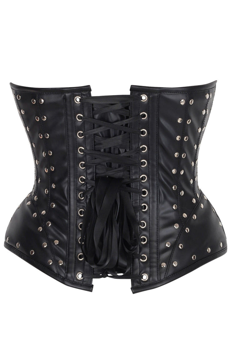 Black leather corset with silver studs on a white background