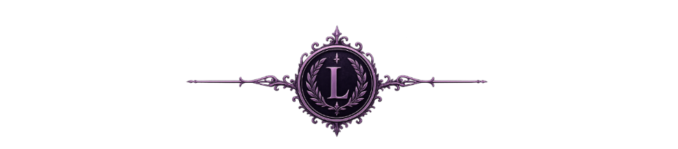 An ornate decorative monogram emblem featuring a purple stylized letter 'L' inside a circular wreath, centered on a black background with a thin purple horizontal line extending from each side.
