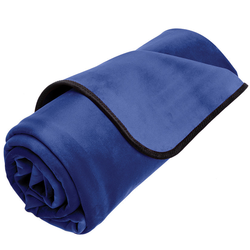 Rolled-up blue towel with black edge on a white background