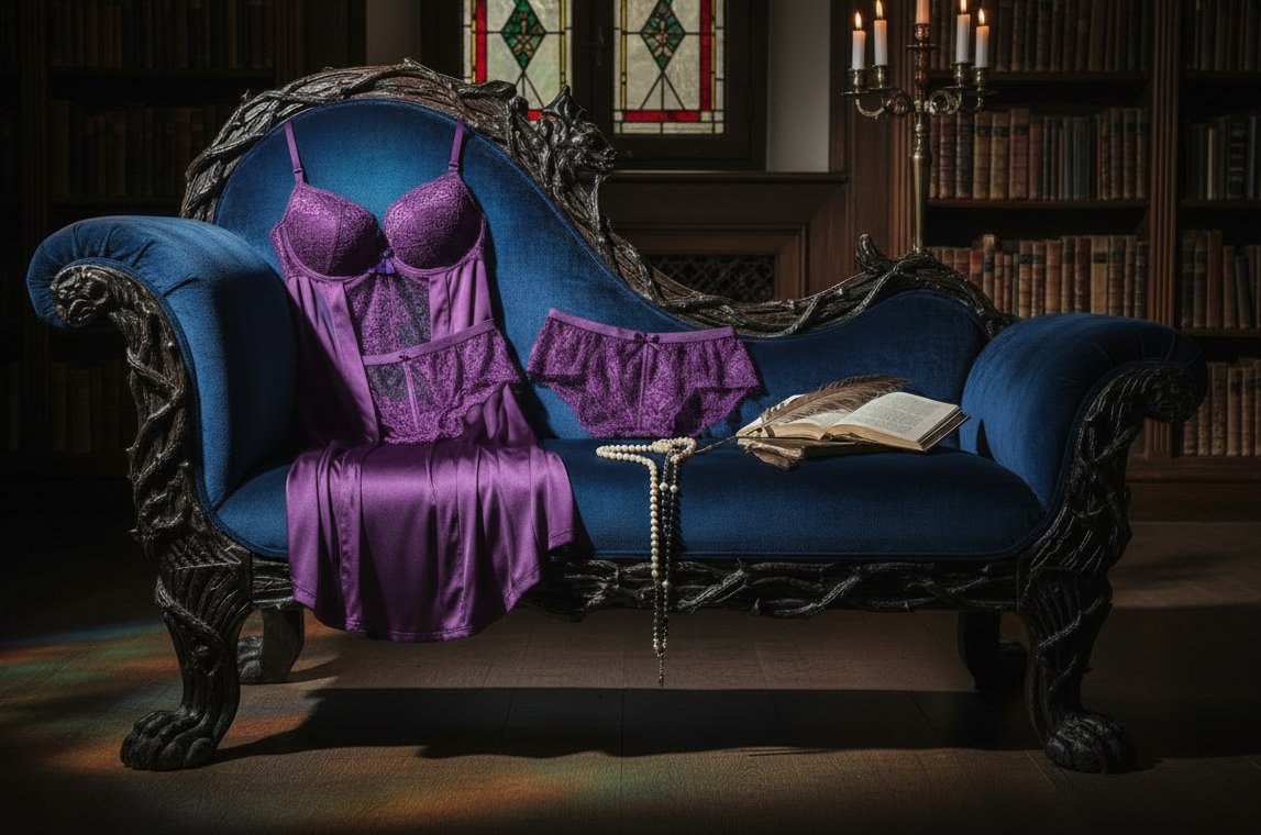 Purple lingerie set on a blue couch in a dimly lit room with bookshelves and stained glass window.