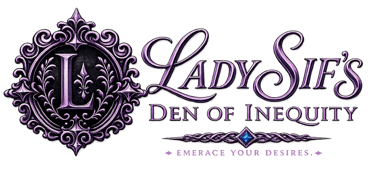 A stylized logo reading 'Lady Sif's Den of Inequity' with an ornate purple and black decorative emblem on the left, on a white background.