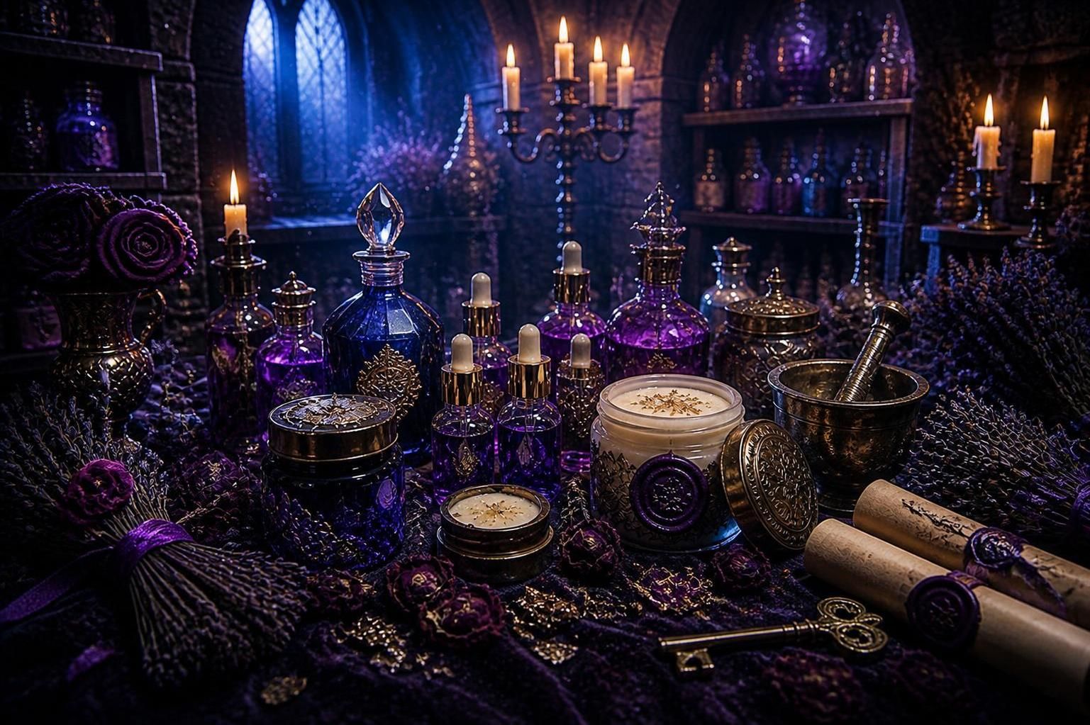 Witchcraft setup with bottles, candles, and herbs in a dark room