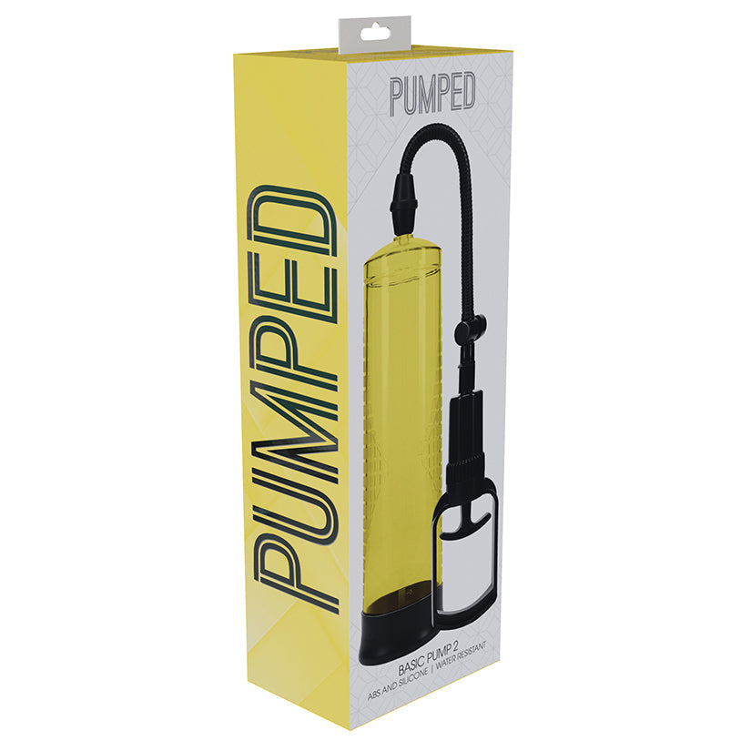 Yellow and black pump with 'Pumped' branding on packaging