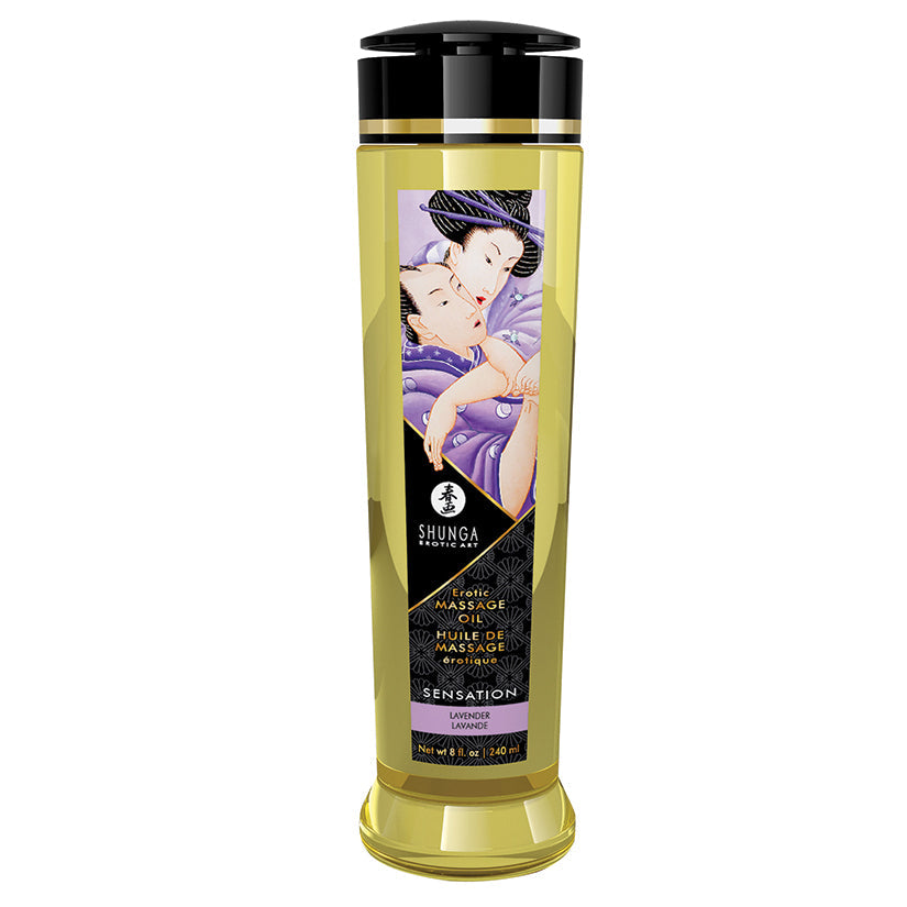 Shunga massage oil bottle with a geisha design on a white background