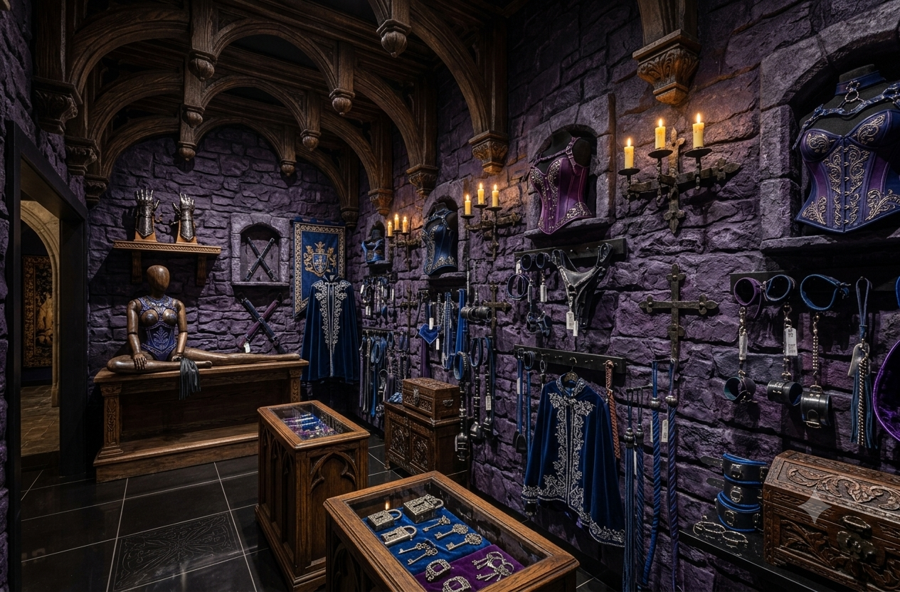 Dark, gothic-style room with stone walls and various decorative items.