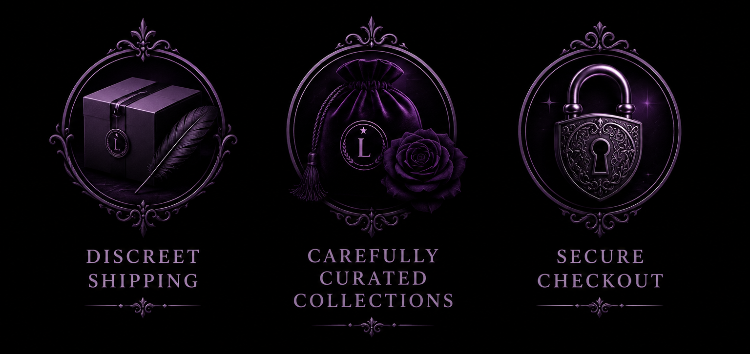 Three circular purple and black graphic icons with decorative borders and text reading 'DISCREET SHIPPING,' 'CAREFULLY CURATED COLLECTIONS,' and 'SECURE CHECKOUT' on a black background.