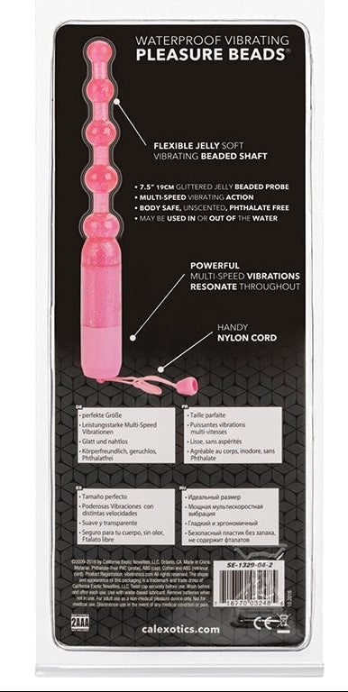 Packaged pink vibrating pleasure beads with text on a white background