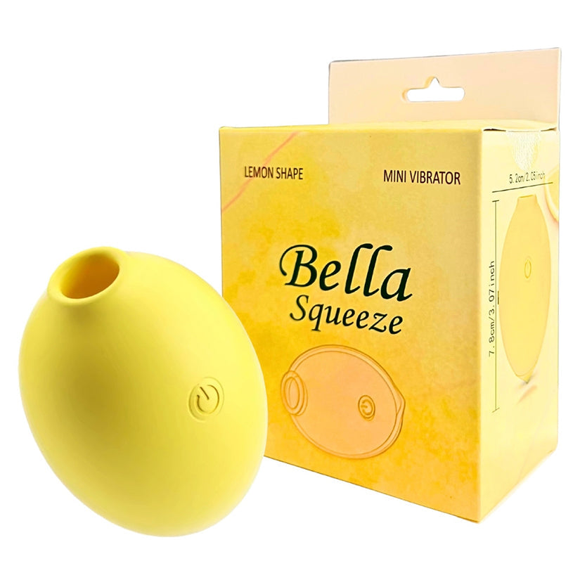 Yellow 'Bella Squeeze' mini vibrator with packaging on a white background