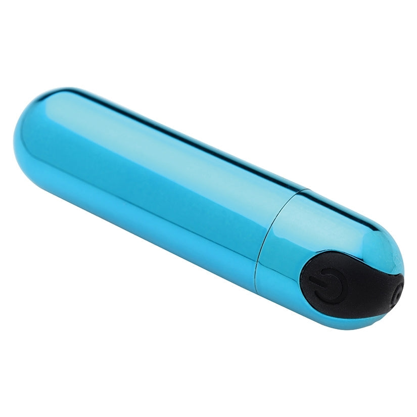 Blue cylindrical device with a black end on a white background