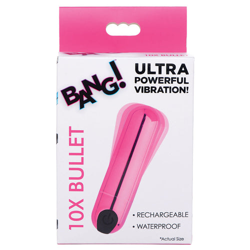 Pink packaging of a '10X Bullet' with branding and product features on a white background