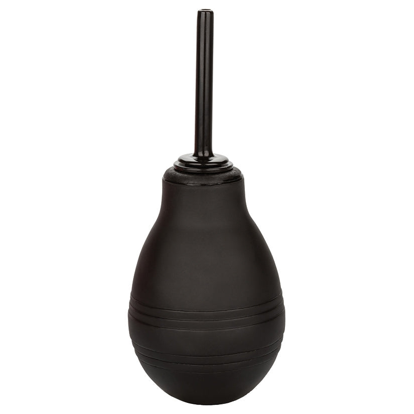 Black enema bag with a flexible tube on a white background