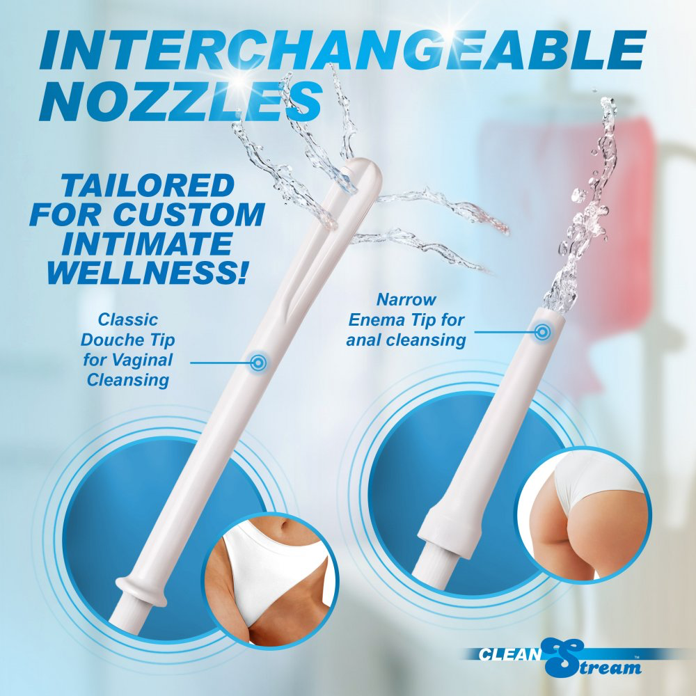 Promotional graphic for two white interchangeable intimate cleansing nozzles labeled Classic Douche Tip and Narrow Enema Tip, with water splash effects and small inset body-use photos. Large text reads 'INTERCHANGEABLE NOZZLES' and 'TAILORED FOR CUSTOM INTIMATE WELLNESS!'.