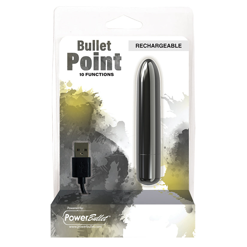 Packaging of a rechargeable Bullet Point product with USB cable on a white background