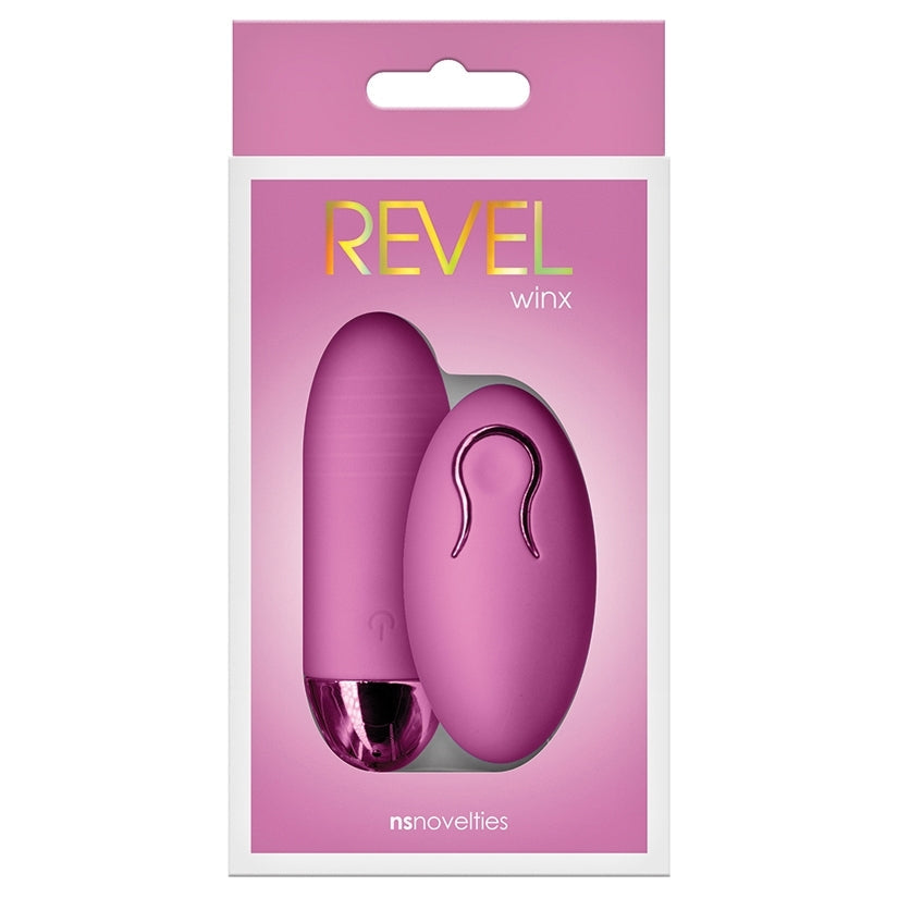 Pink sexual product packaging with 'Revel' branding on a white background