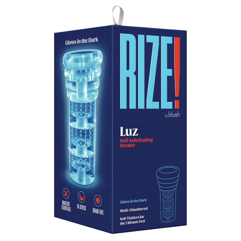 Box of RIZE! Luz self-lubricating stroker with blue glow feature on a white background