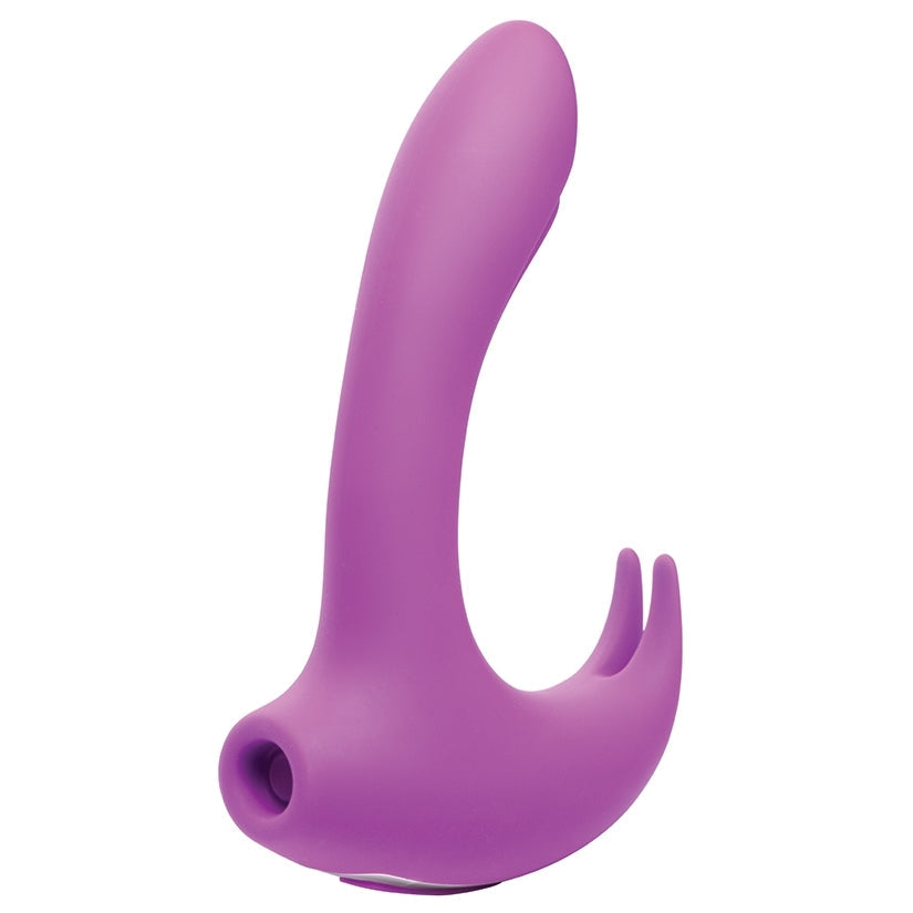 A purple silicone personal massager with a curved shaft, suction cup base, and dual prongs, shown on a solid white background.