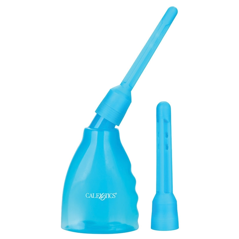 Blue enema bag with nozzle on a white background