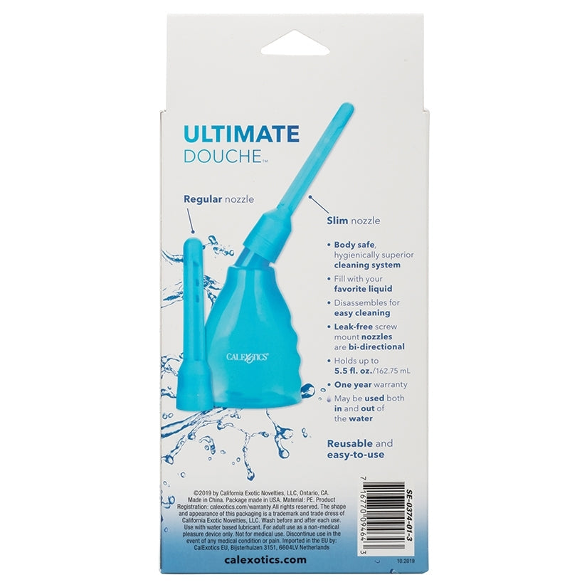 Package of a blue 'Ultimate Douche' with text on a white background