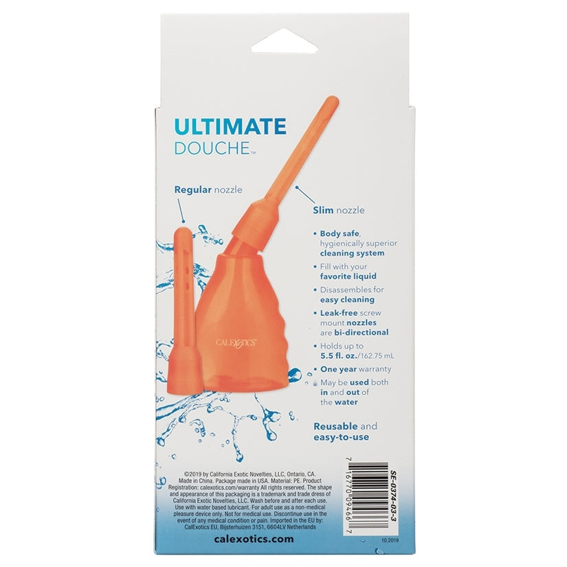 Orange douche with packaging details on a white background