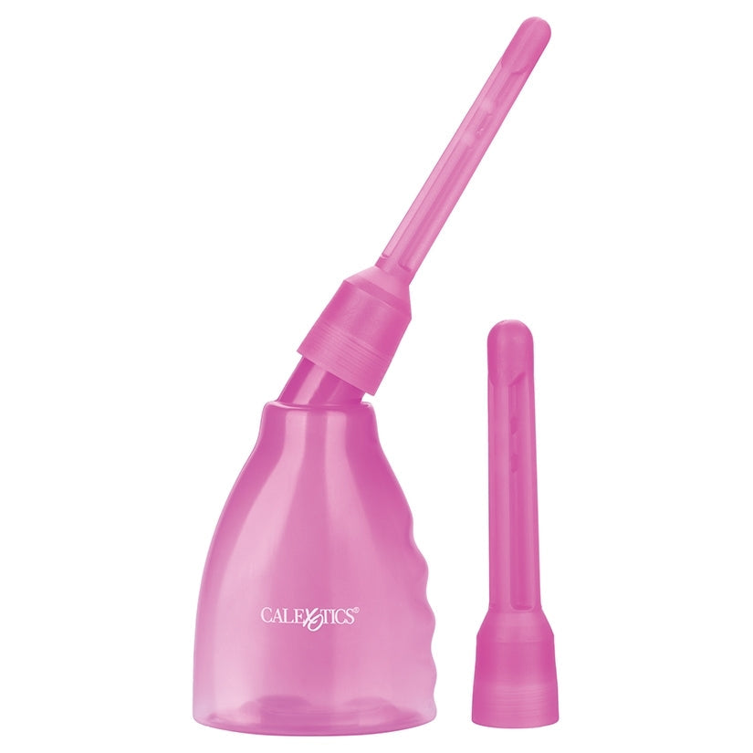 Pink enema bag with a flexible nozzle on a white background